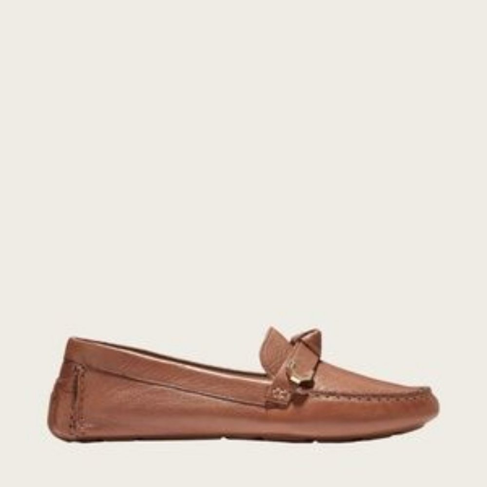 NWD Women Cole Haan Evelyn Bow Pecan Brown Grain Leather Driver Flats L/7.5 R/8*